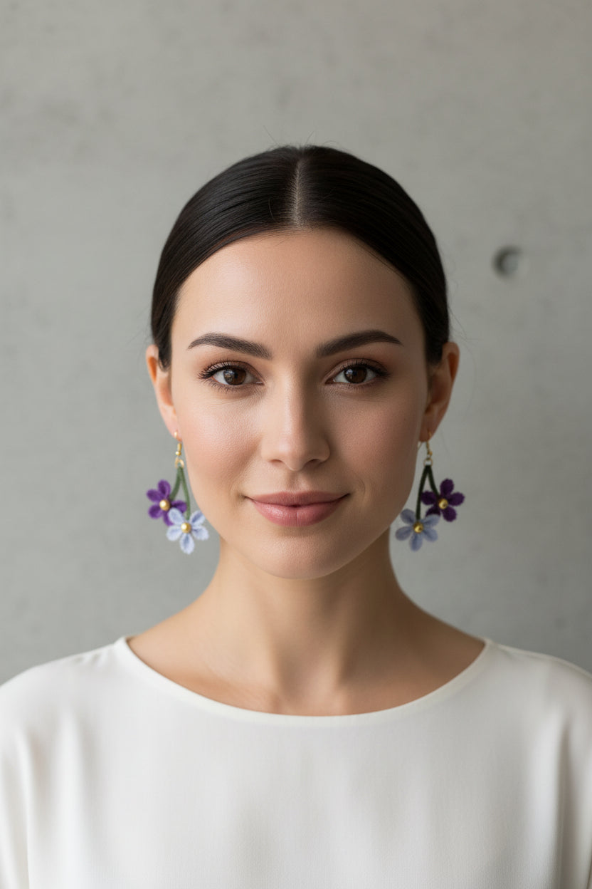 Handmade Purple & Blue Floral Crochet Dangle Earrings for Women
