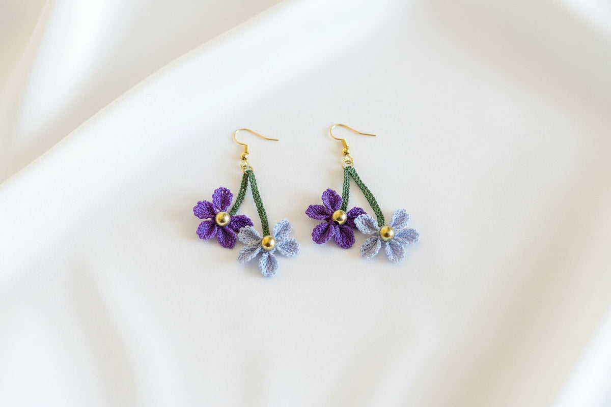 Handmade Purple & Blue Floral Crochet Dangle Earrings for Women