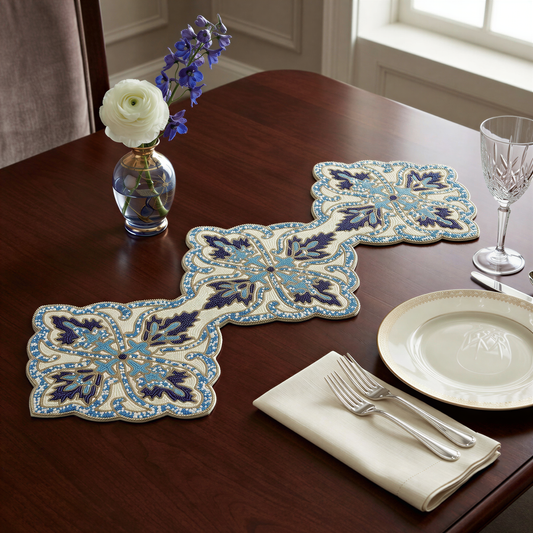 Beaded Table Runner – Blue White, 54x13 Inch