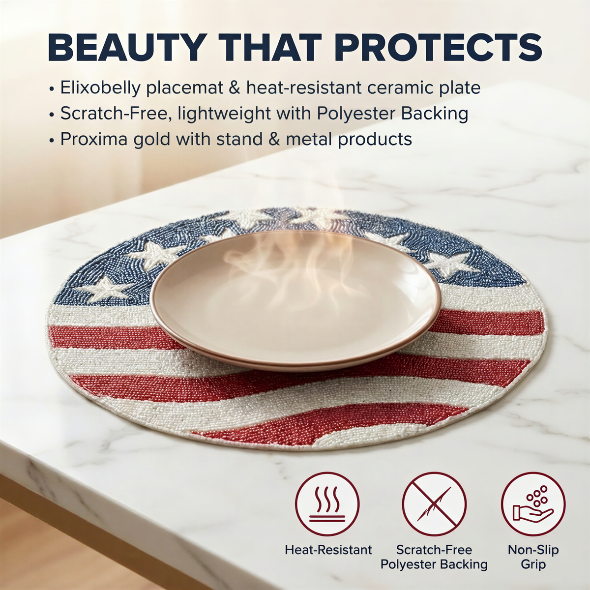 USA Flag Placemats - Round Beaded Handmade Table Mats With Satin Backing