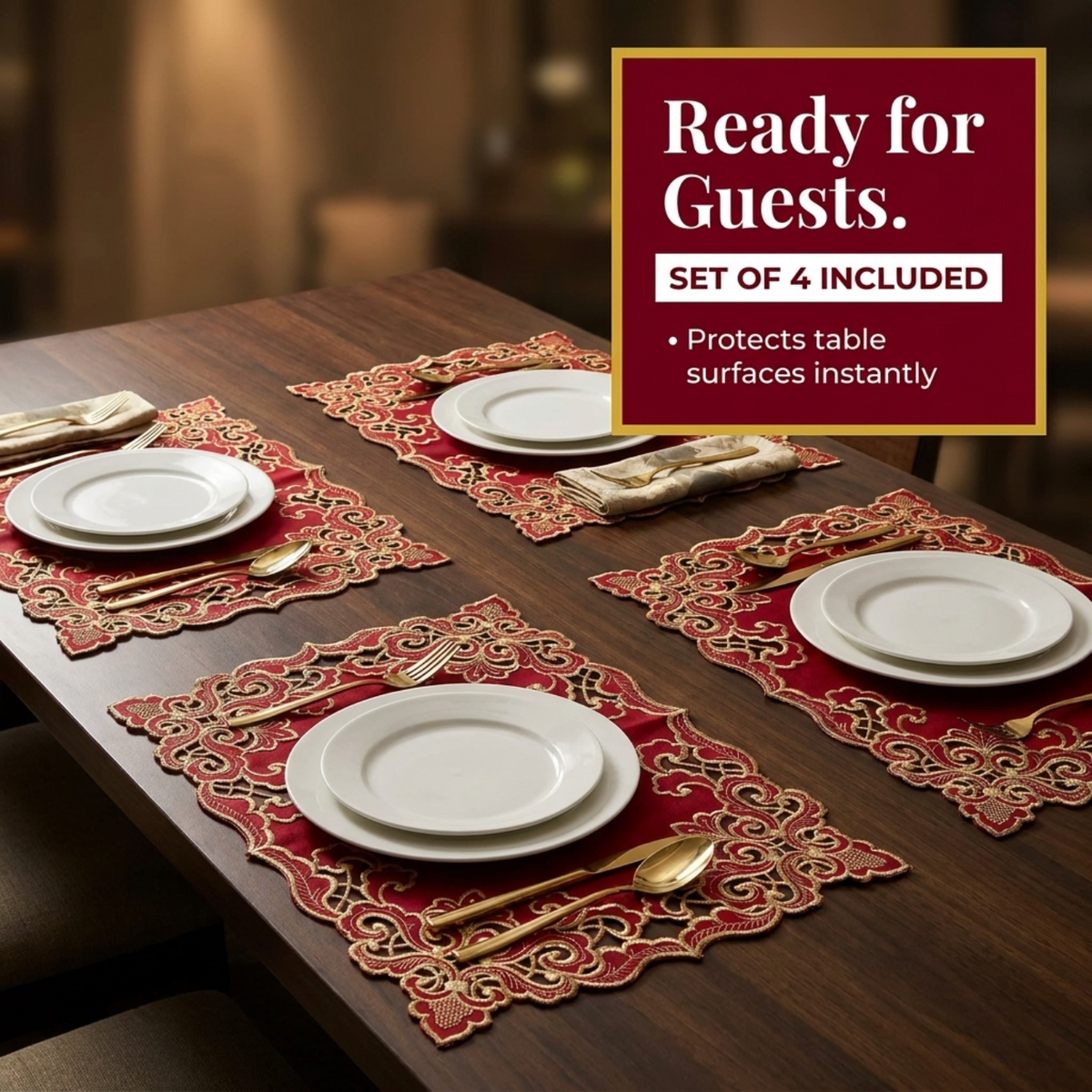 Burgundy Gold Placemats – Crimson Glow, 12x18 Inch