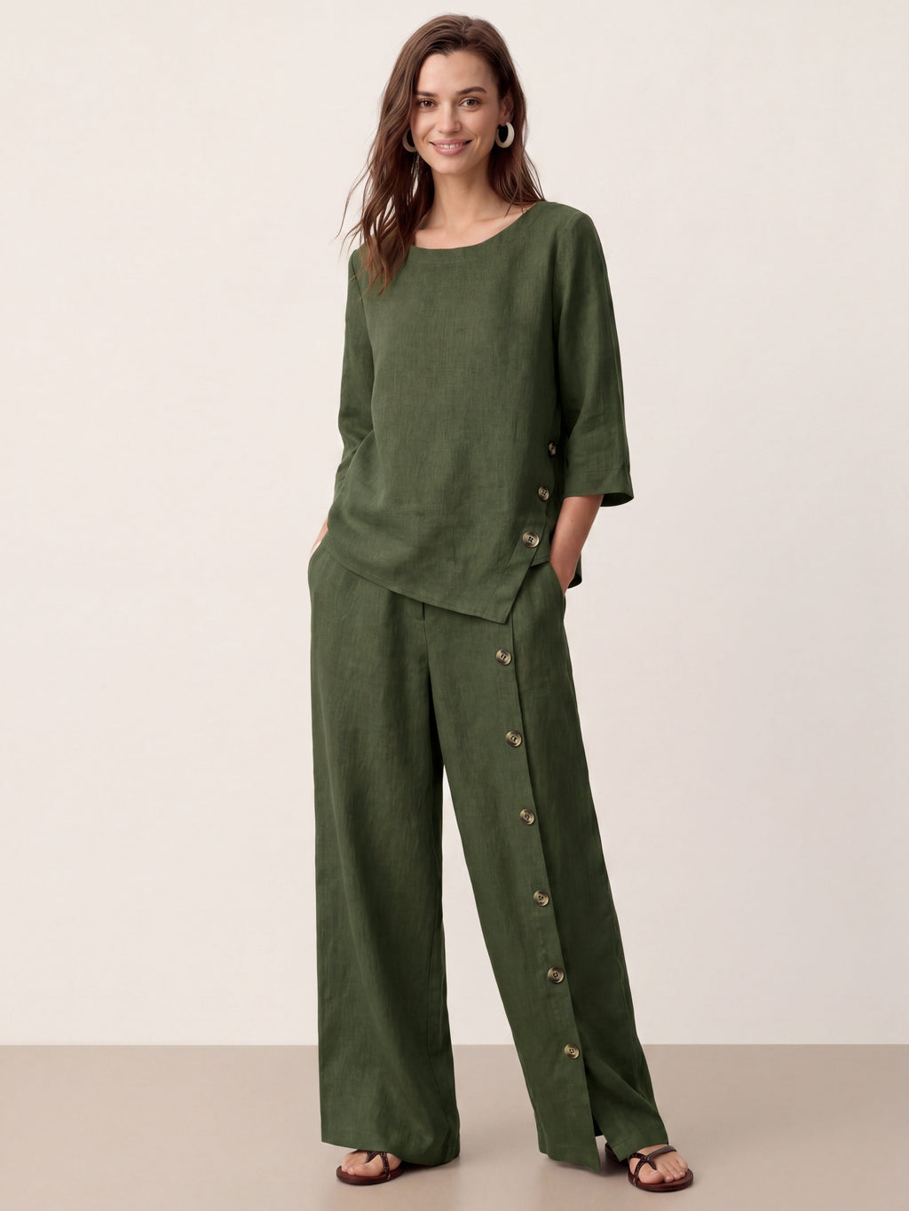 100% Linen Buttoned Slit-Hem Pants KATYA
