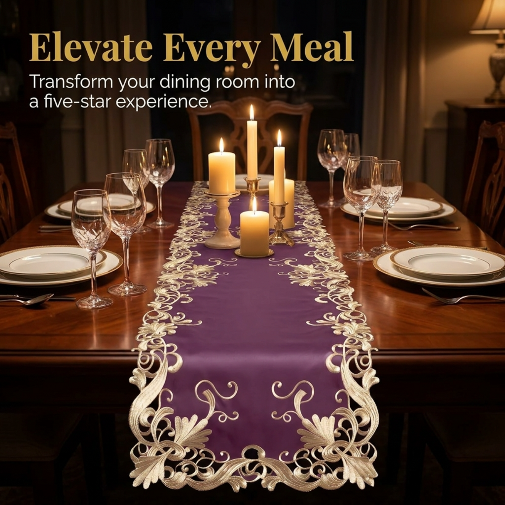 Purple Table Runner – Embroidered Floral Pattern, 14x108 Inch Elegant Linen