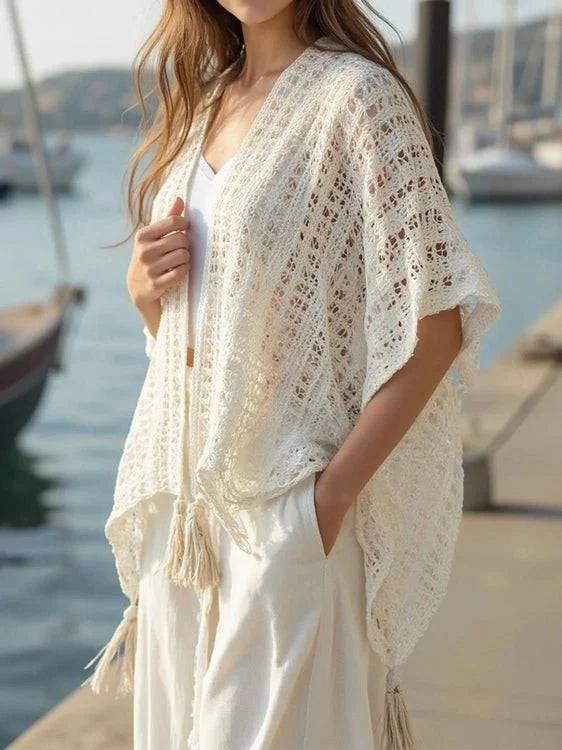 Openwork Tassel Open Front Knit Cover Up for Effortless Style