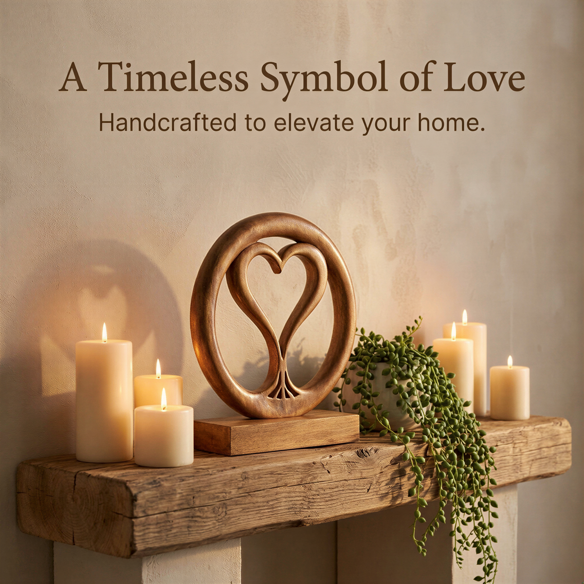 Solid Wood Heart Sculpture – Handcrafted Mantel Decor