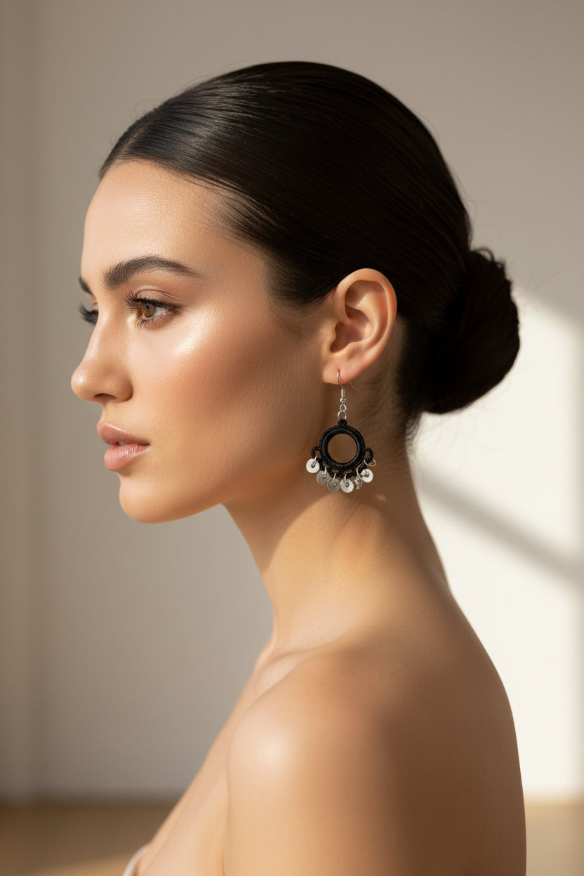 Handmade Black Crochet Hoop Dangle Earrings for Women