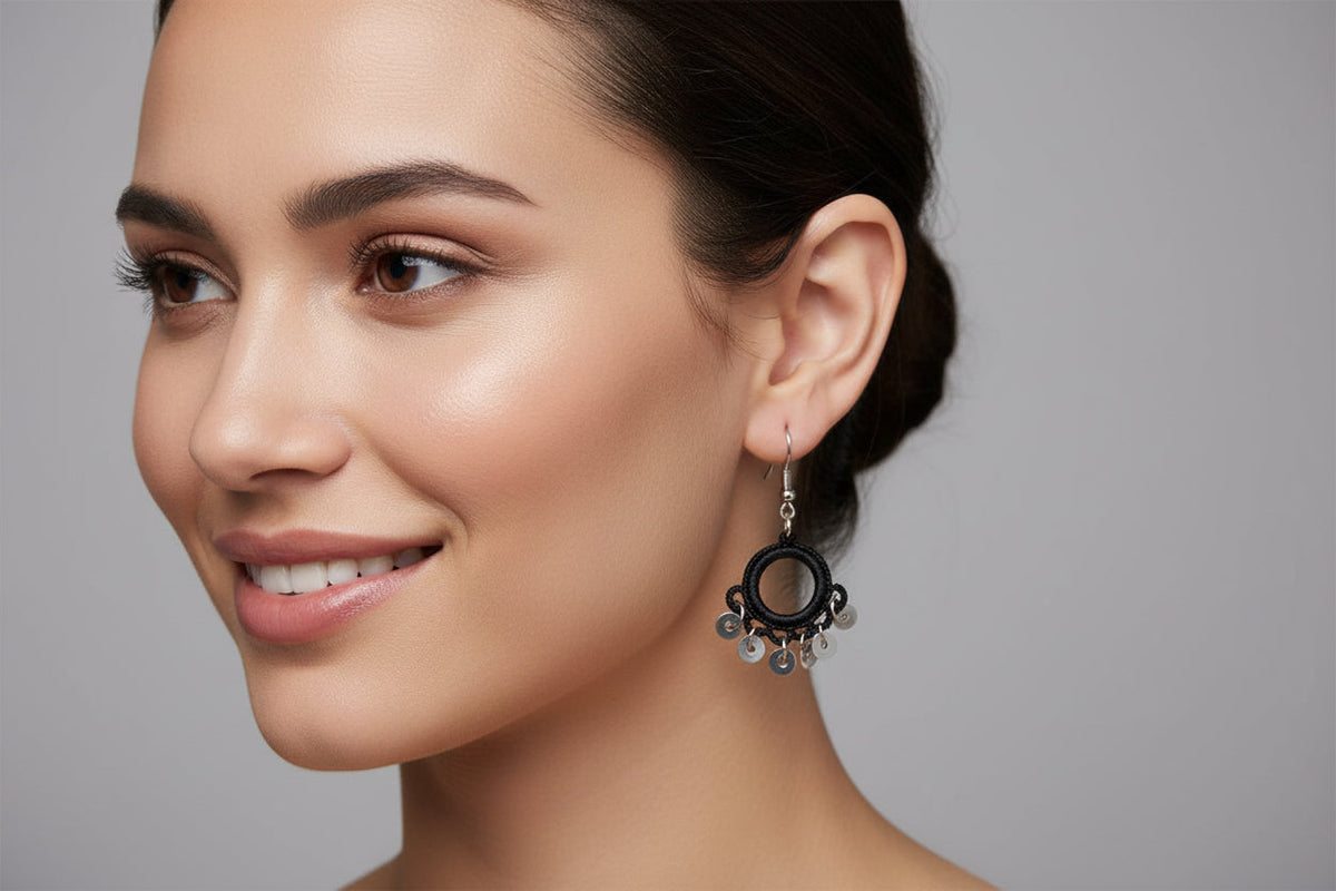 Handmade Black Crochet Hoop Dangle Earrings for Women