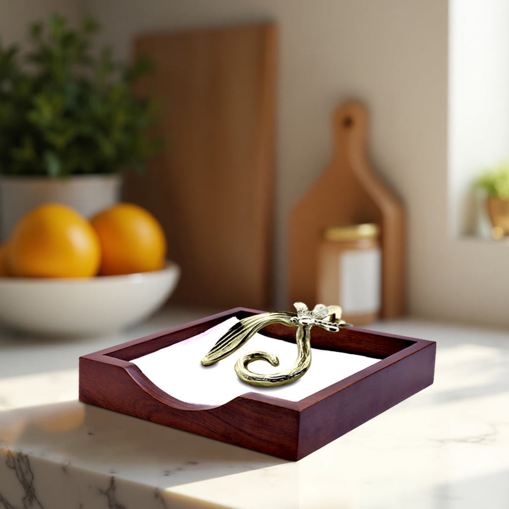 Solid Wood Napkin Holder with Silver and Gold Finish Ornament