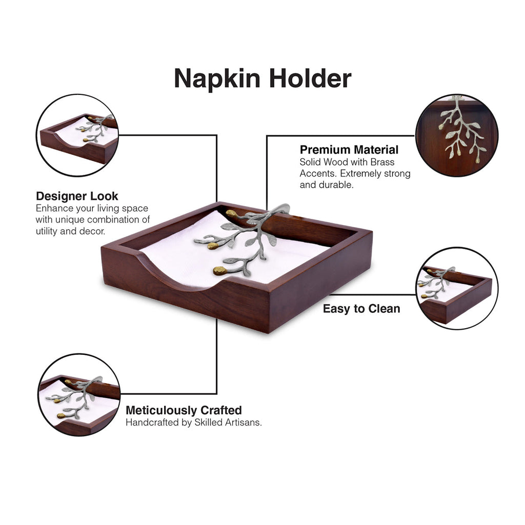 Solid Wood Napkin Holder with Silver and Gold Finish Ornament