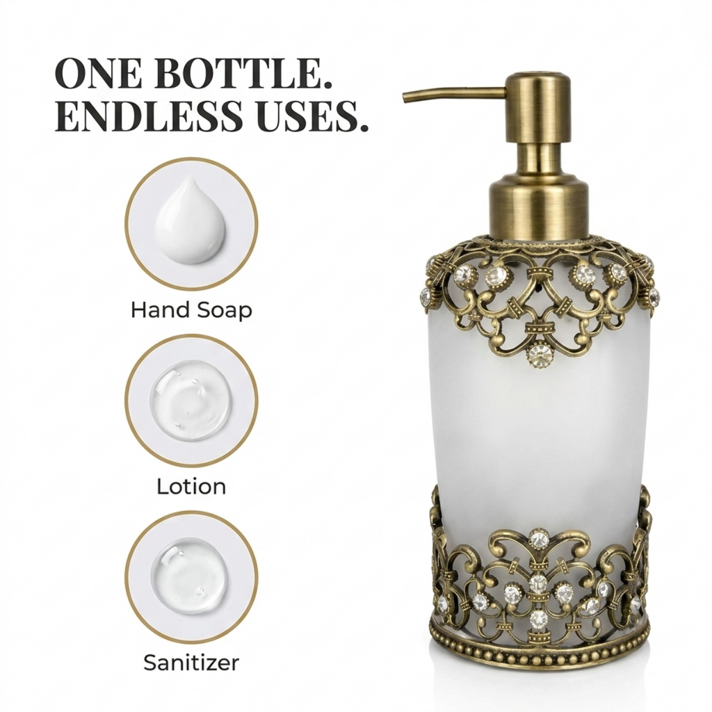 Amara Soap Dispenser – Frosted Glass Decorative Bathroom Accessory With Pewter Finish