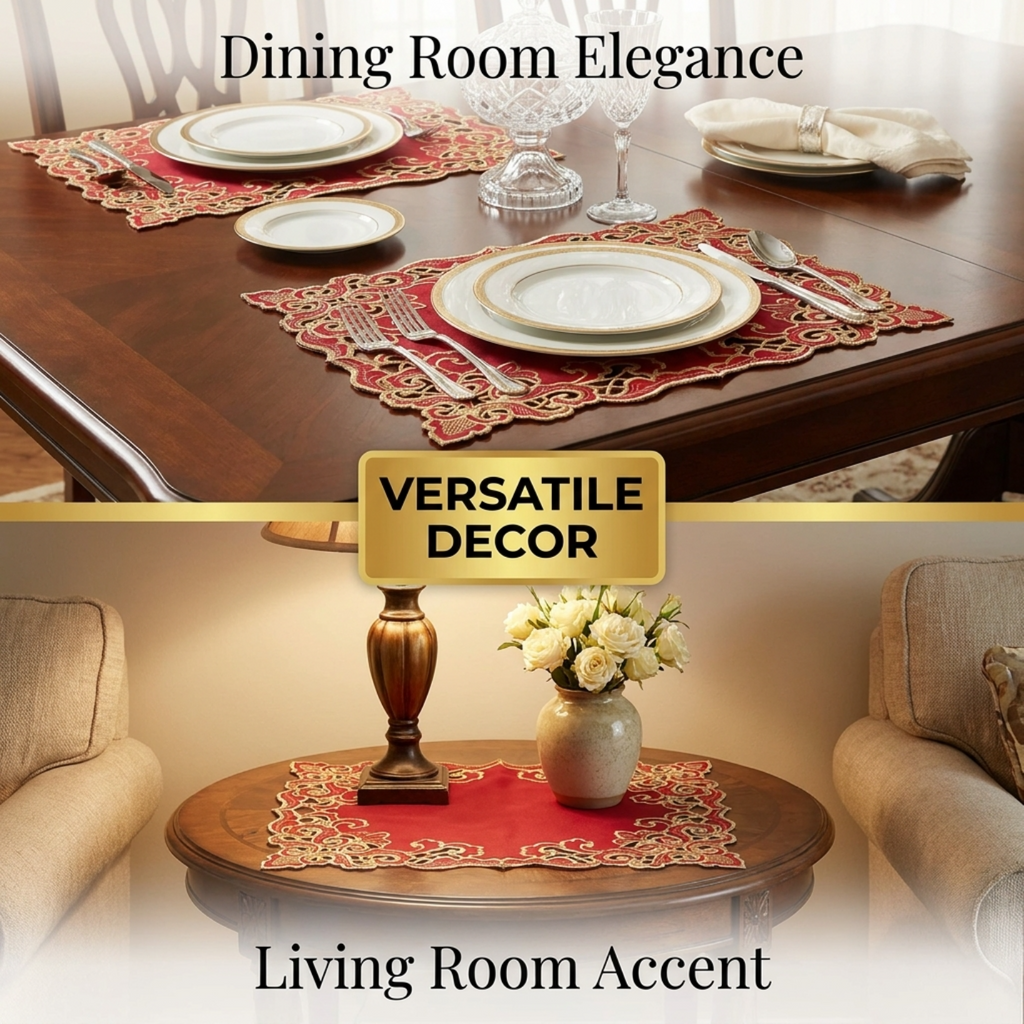 Burgundy Gold Placemats – Rustic Table Decor | Embroidered 12x18 Inch Dining Mats