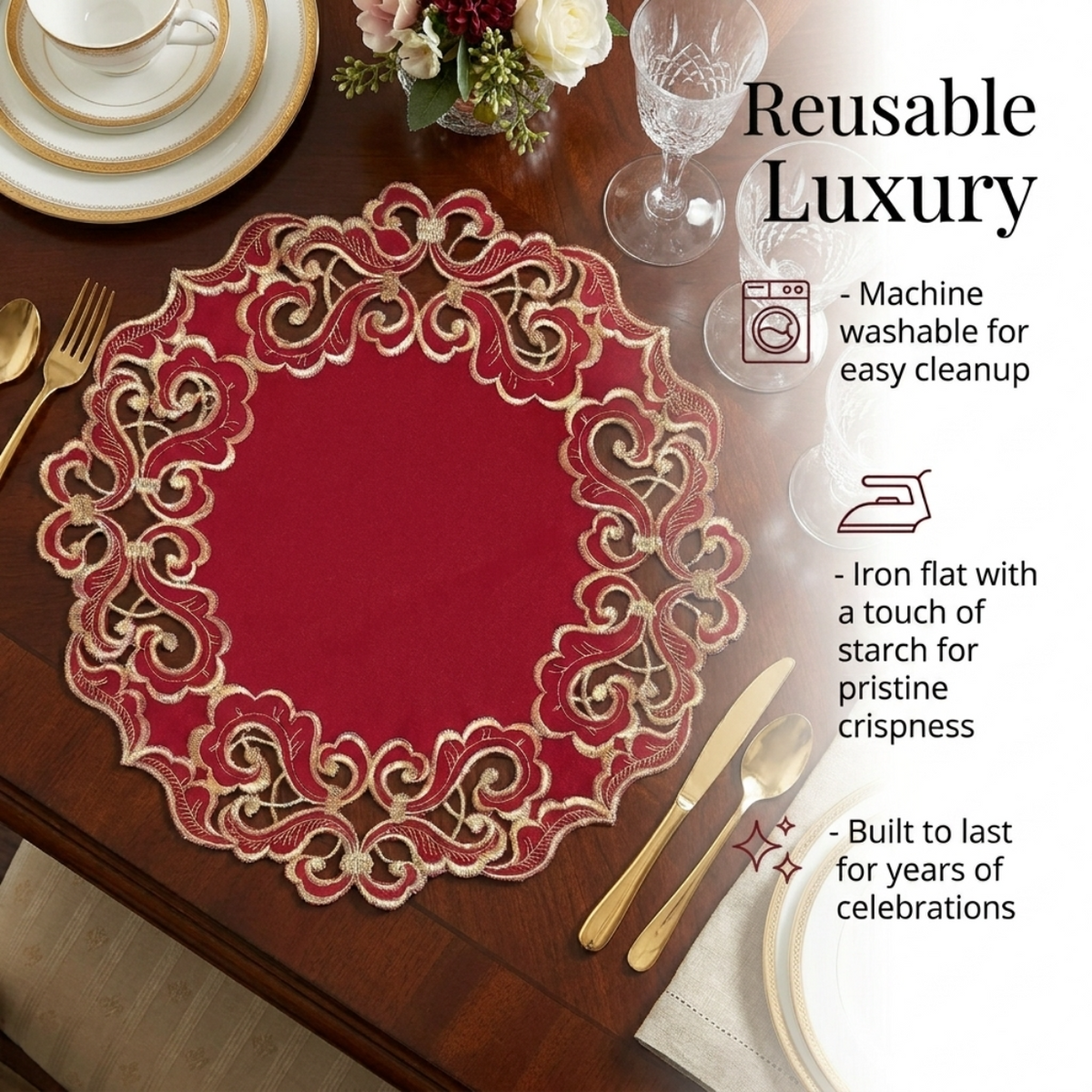 Burgundy Gold Doilies – Crimson Glow, 15 Inch