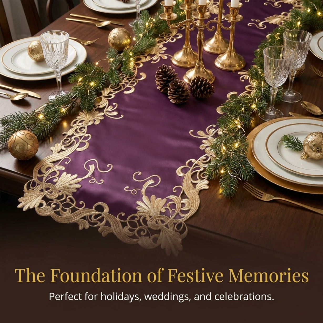 Purple Table Runner – Embroidered Floral Pattern, 14x108 Inch Elegant Linen