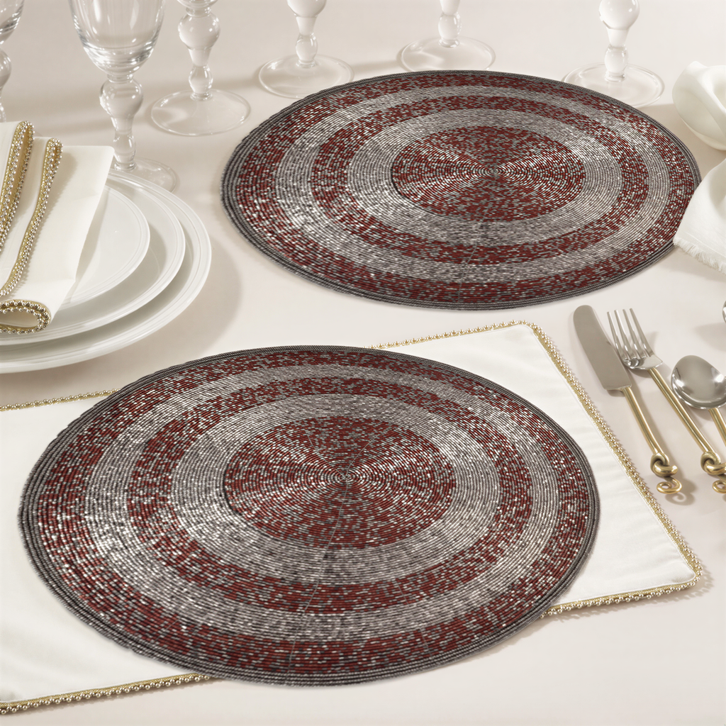 Beaded Placemats – Round Handmade Placemats with Embroidered Glass Beads | 14 Inch