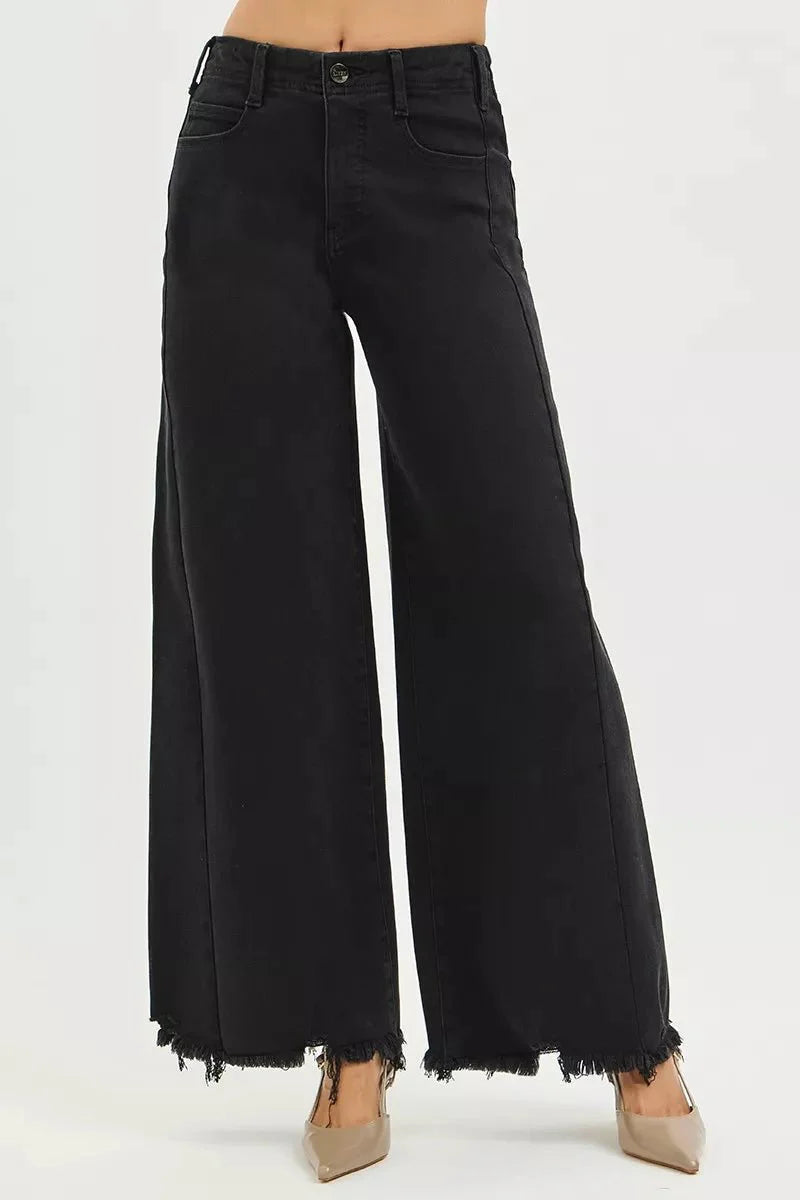 RISEN Tummy Control High Rise Palazzo Leg Frayed Hem Jeans - Stylish Tummy Control High Rise Jeans