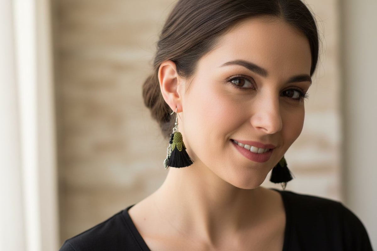 Handmade Black Tassel Crochet Dangle Earrings for Women