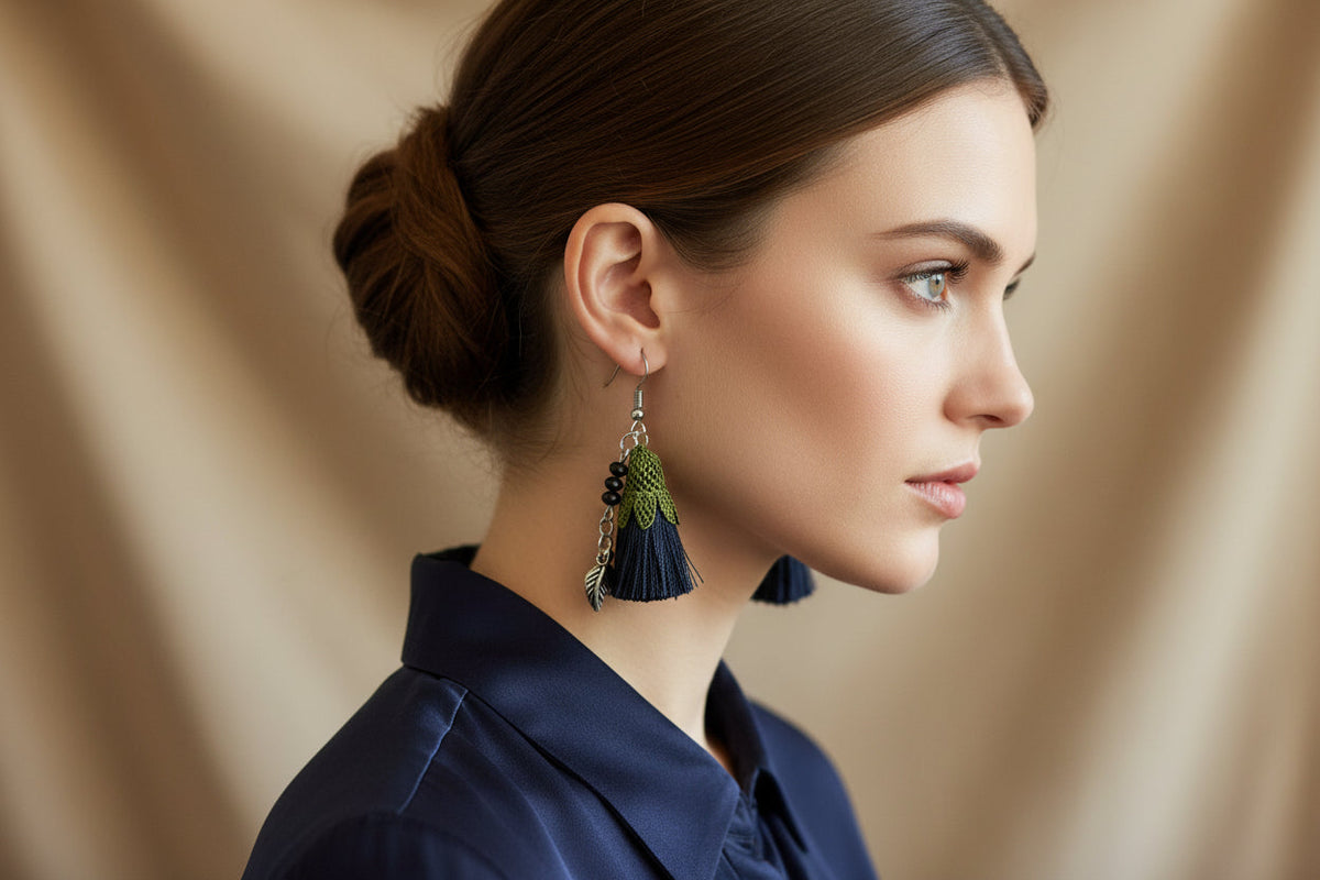 Handmade Black Tassel Crochet Dangle Earrings for Women