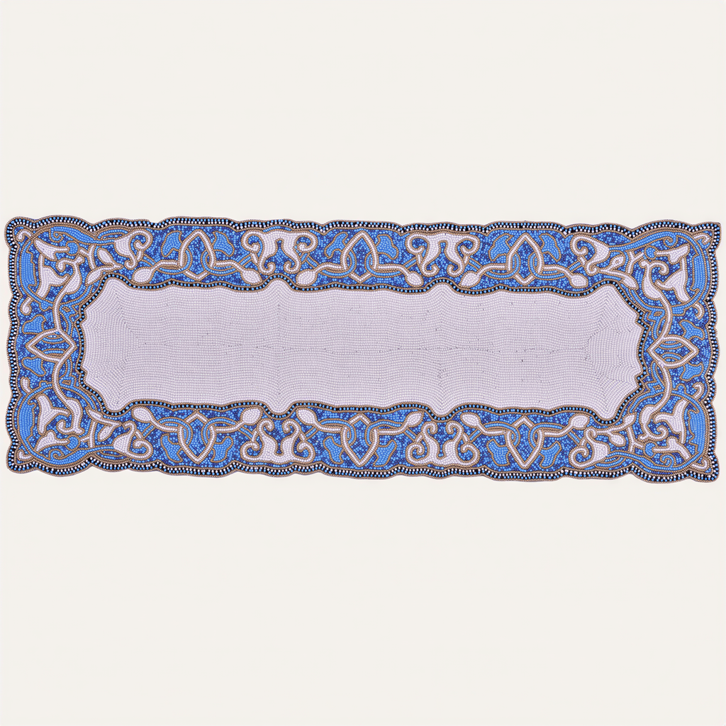 Beaded Table Runner - White Blue Satin Backing | Embroidered Glass Bead Decor