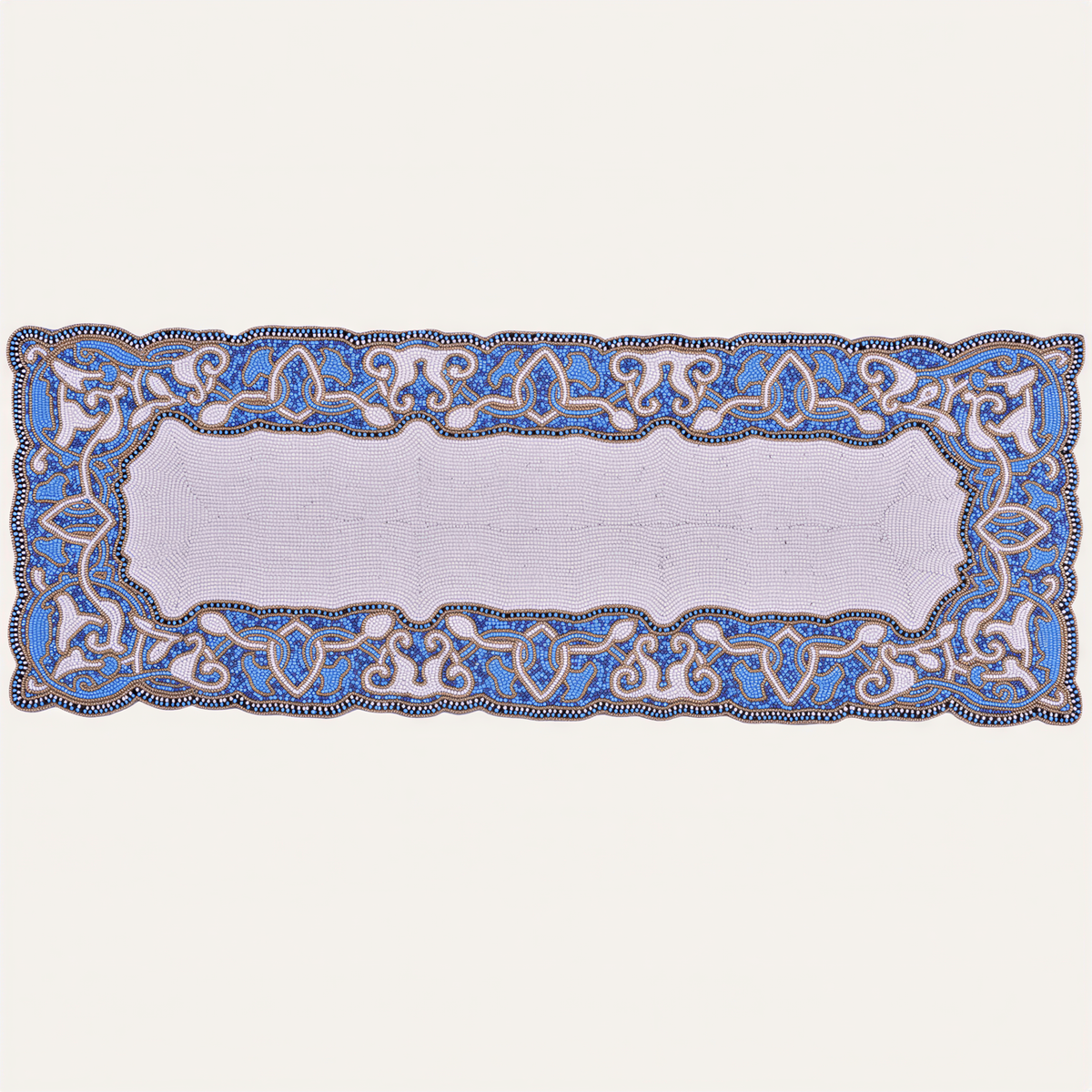 Beaded Table Runner – White Blue, 36x13 Inch