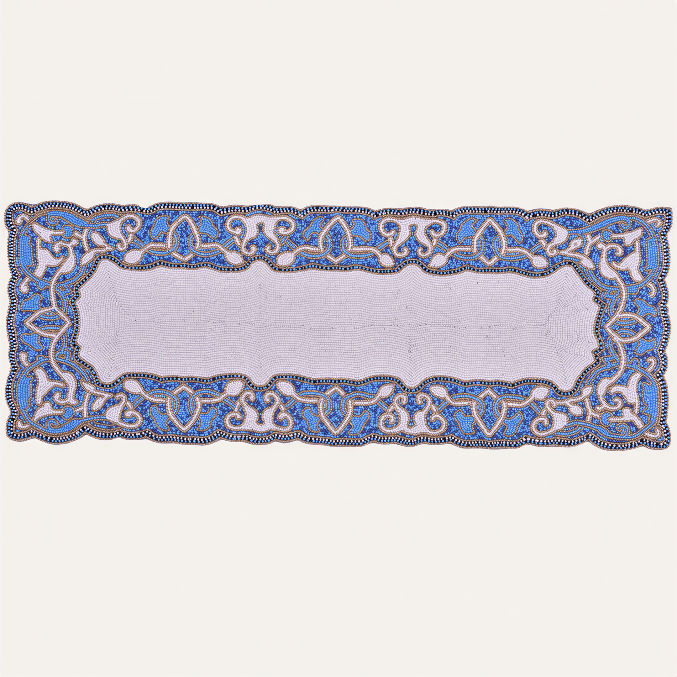 Beaded Table Runner - White Blue Satin Backing, Scratch Resistant Dining Decor