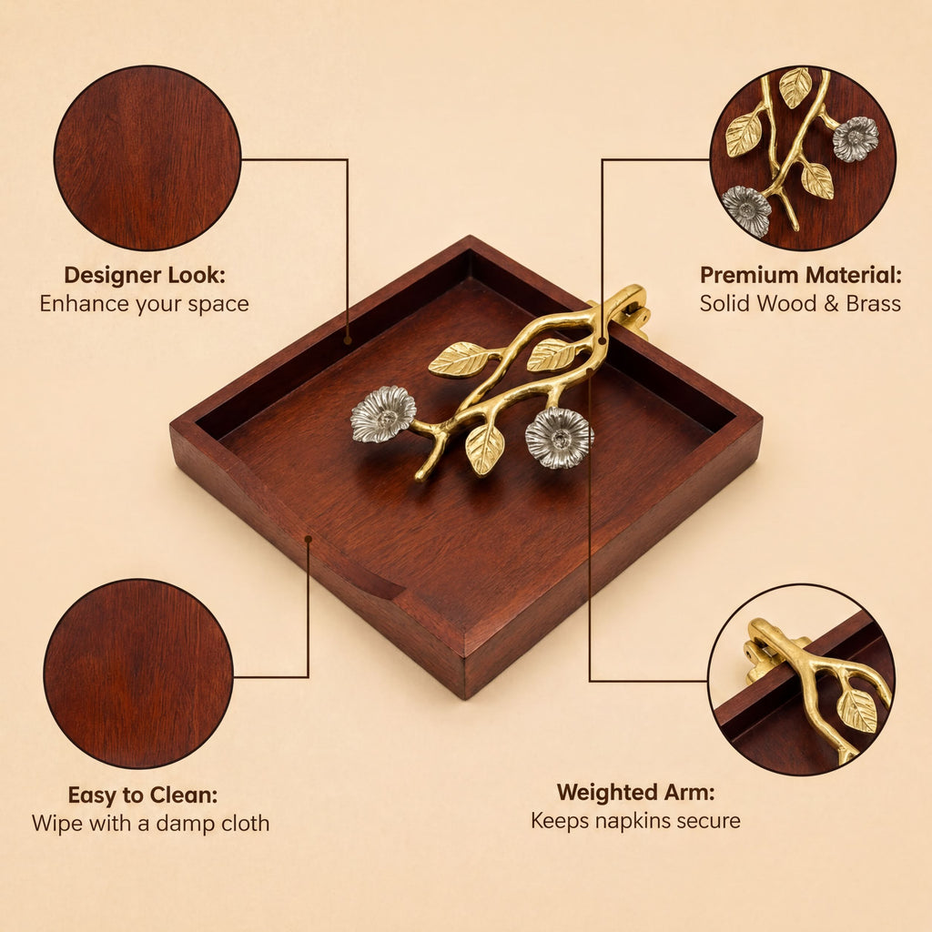 Wooden Napkin Holder – Decorative Metal Arm | Silver Gold Ornament, Weighted Pivot