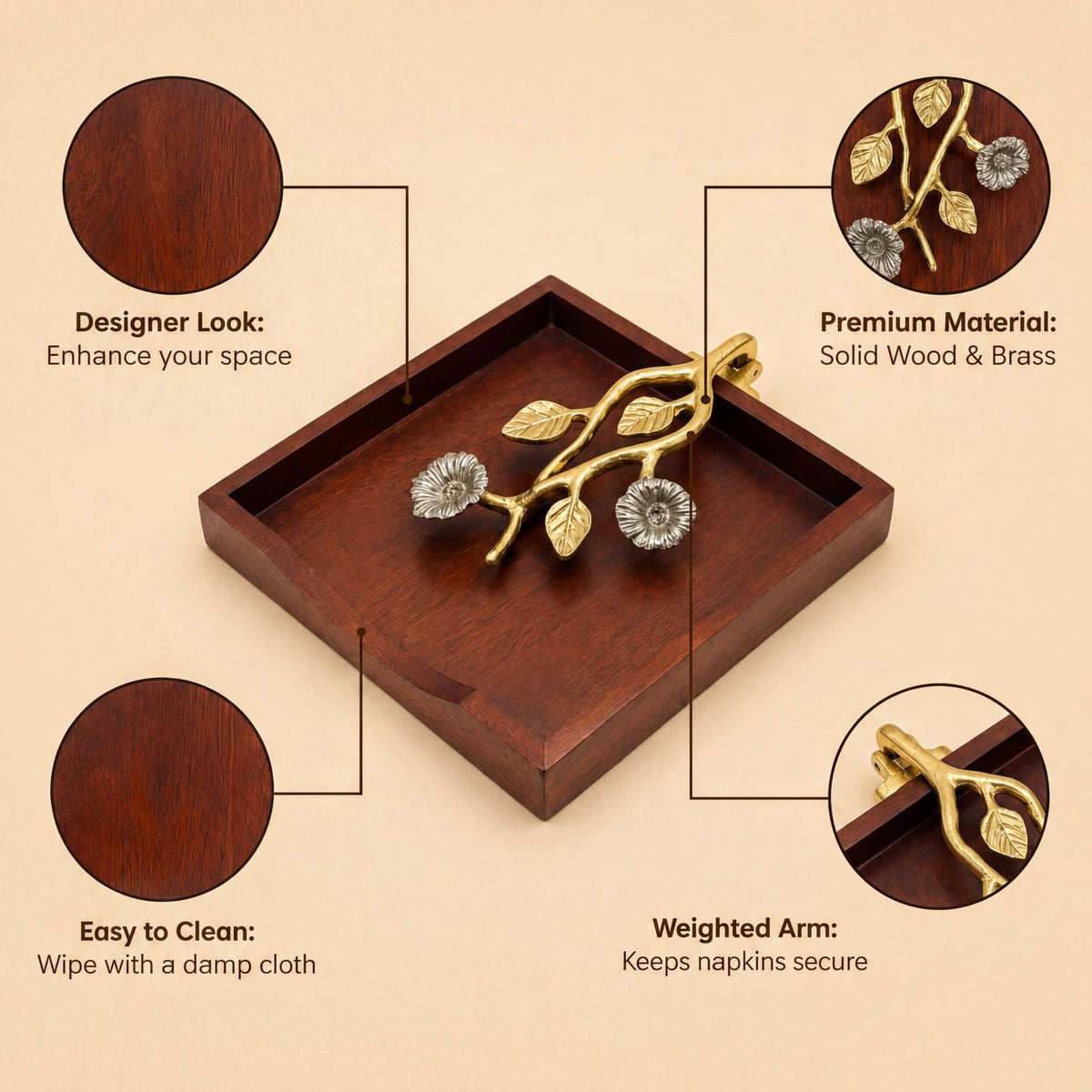 Wooden Napkin Holder – Silver Gold, Pivot Arm