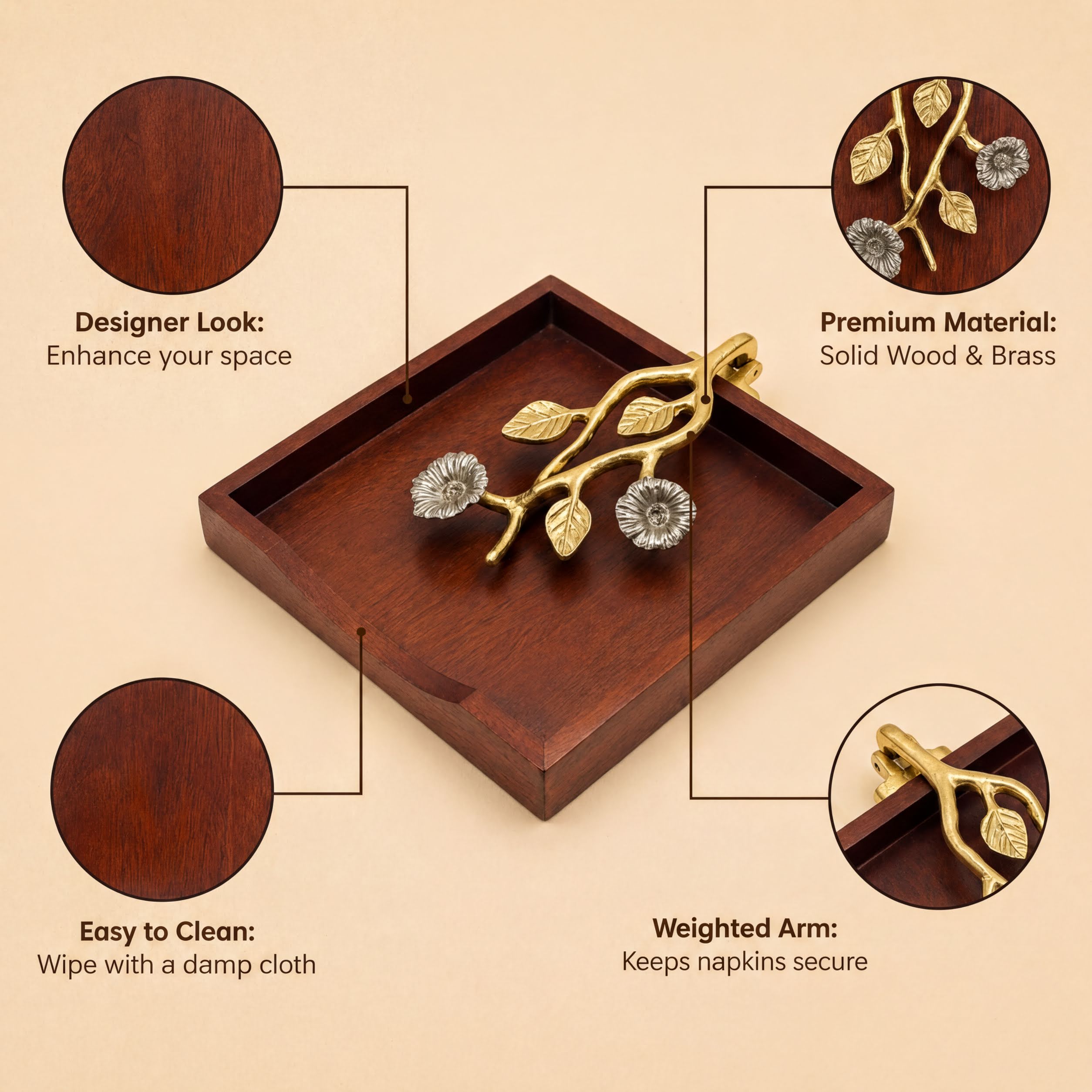 Wooden Napkin Holder – Decorative Metal Arm | Silver Gold Ornament, Weighted Pivot