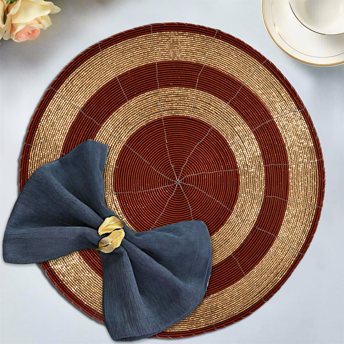 Beaded Placemats – Round Handmade Table Decor with Embroidered Beads, 14 Inch