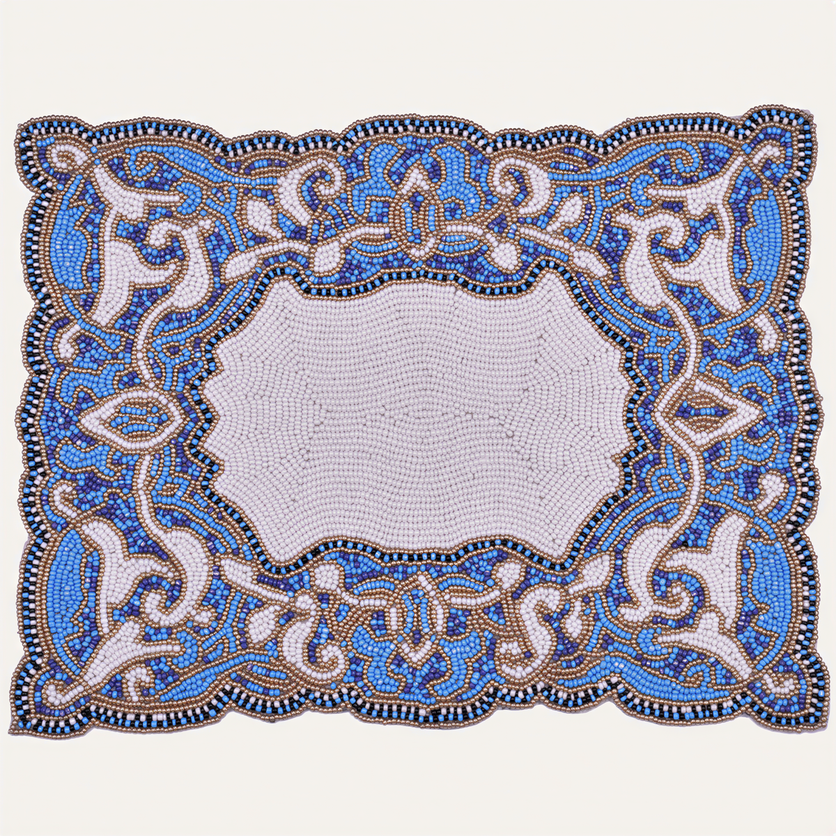 Beaded Placemats – Handmade Blue White Embroidered Dining Table Decor 12x16 Inch