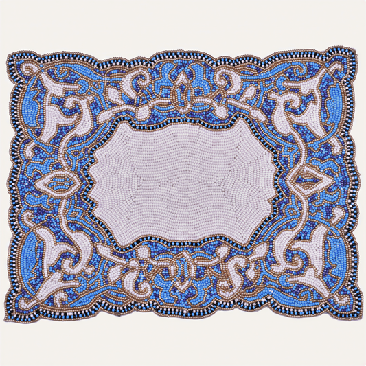 Beaded Placemats – Handmade Blue White Embroidered Dining Table Decor 12x16 Inch