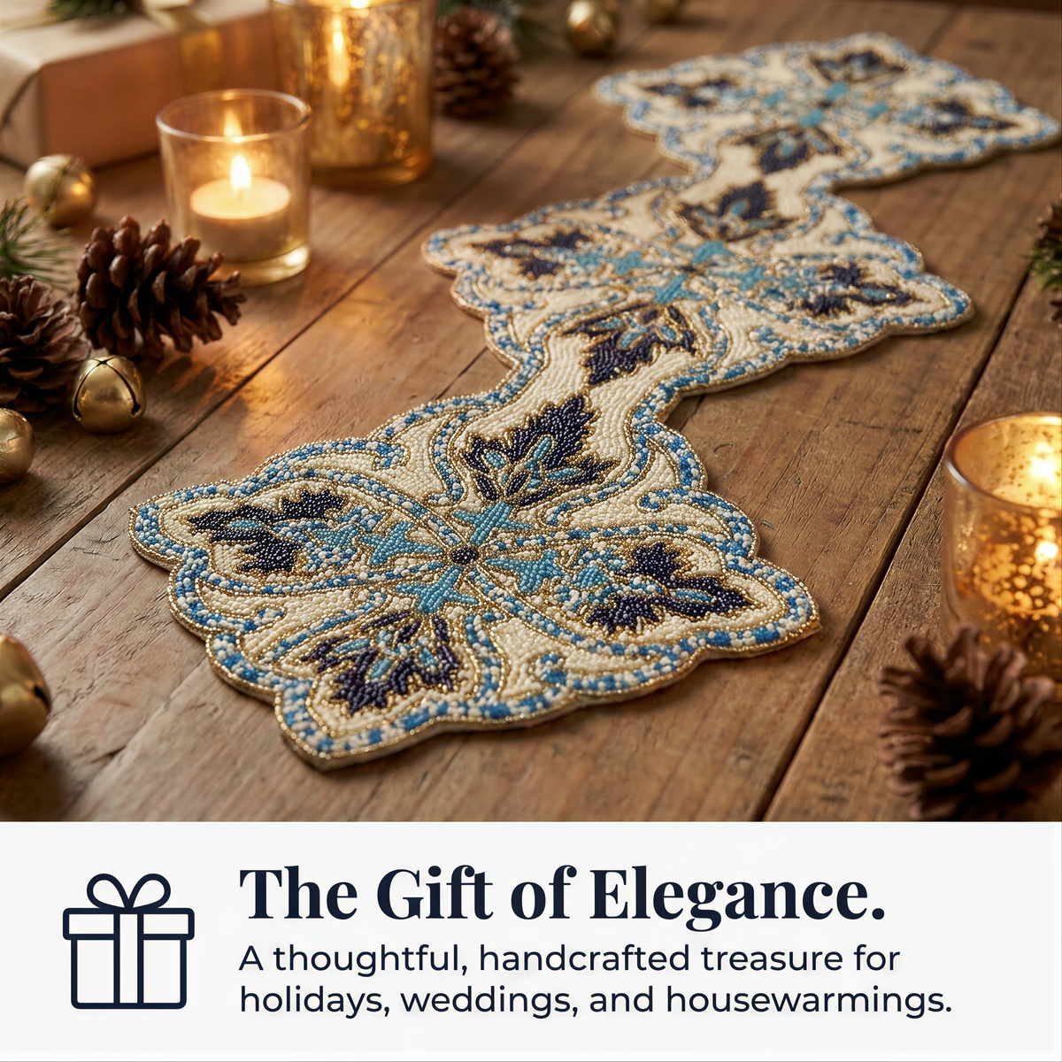 Beaded Table Runner – Blue White, 54x13 Inch