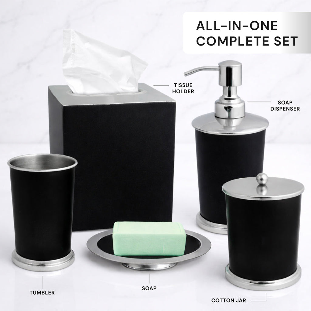 Bathroom Accessory Set – Maebrie Collection | Modern Dark Brown & Silver Décor
