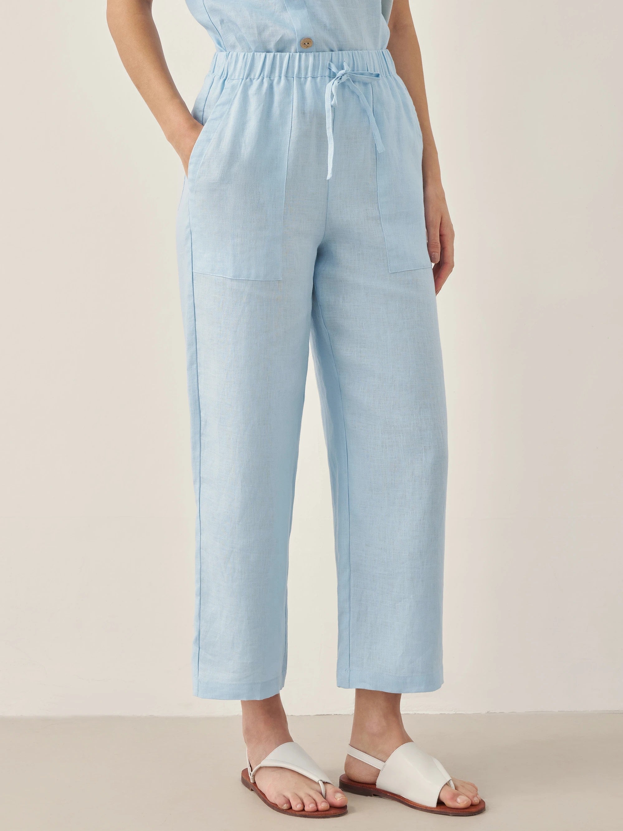100% Linen Straight-Leg Drawstring Pants JOSIE