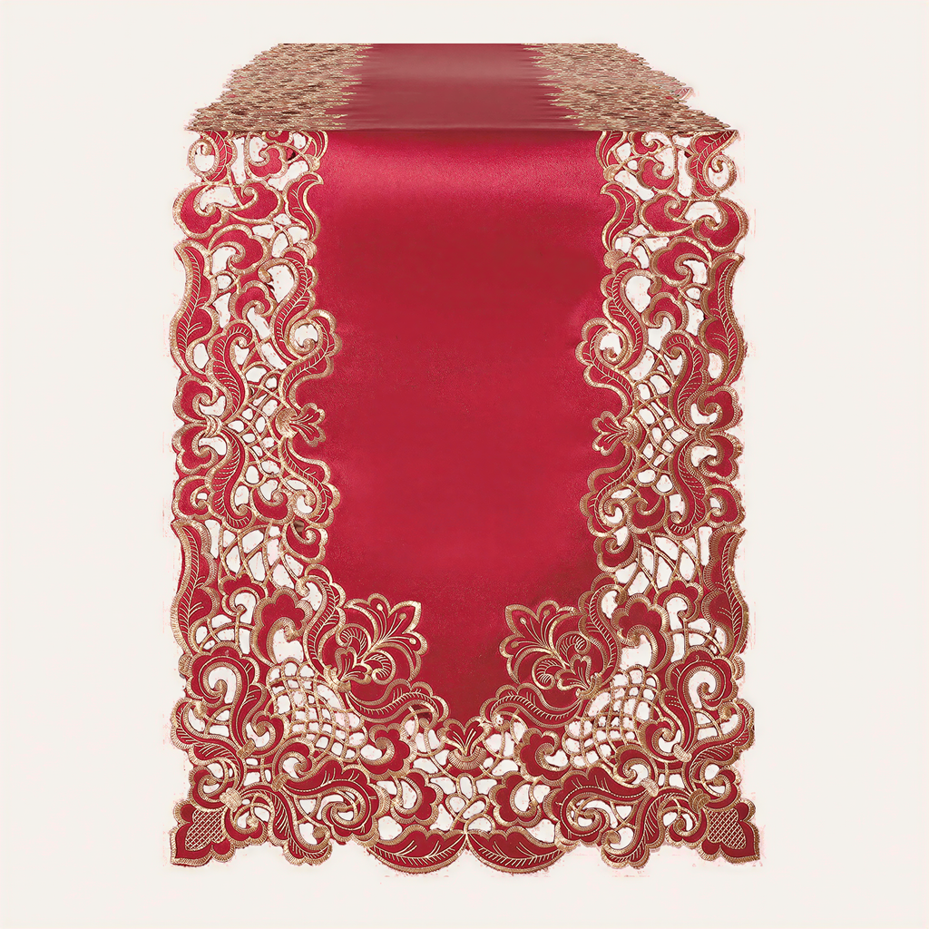 Burgundy Gold Table Runner – Granada Collection Rustic Embroidered Dining Decor 14x108 Inch
