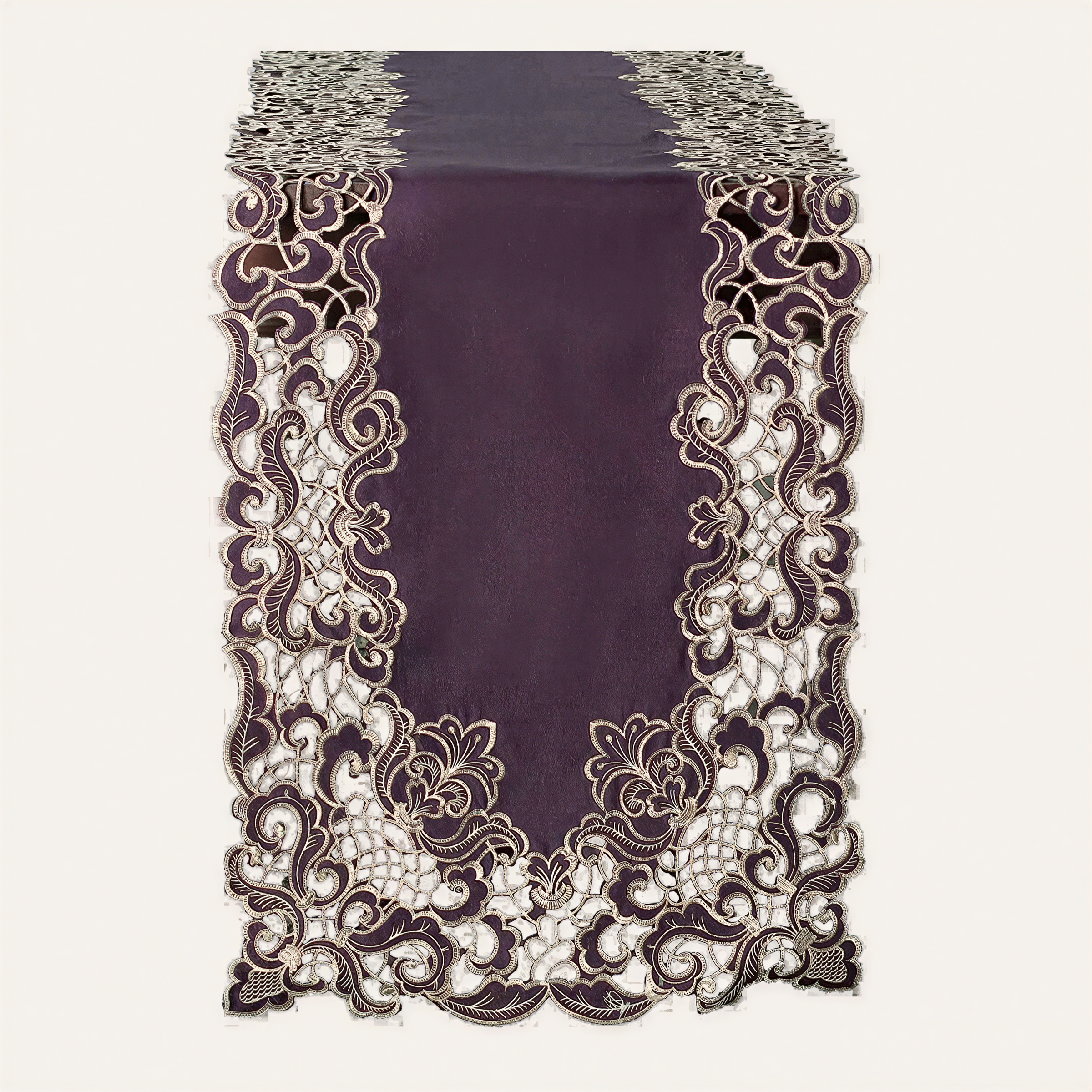 Plum Gold Table Runner – Embroidered Vintage Linen Runner | Rustic Table Decor 14x108 Inch