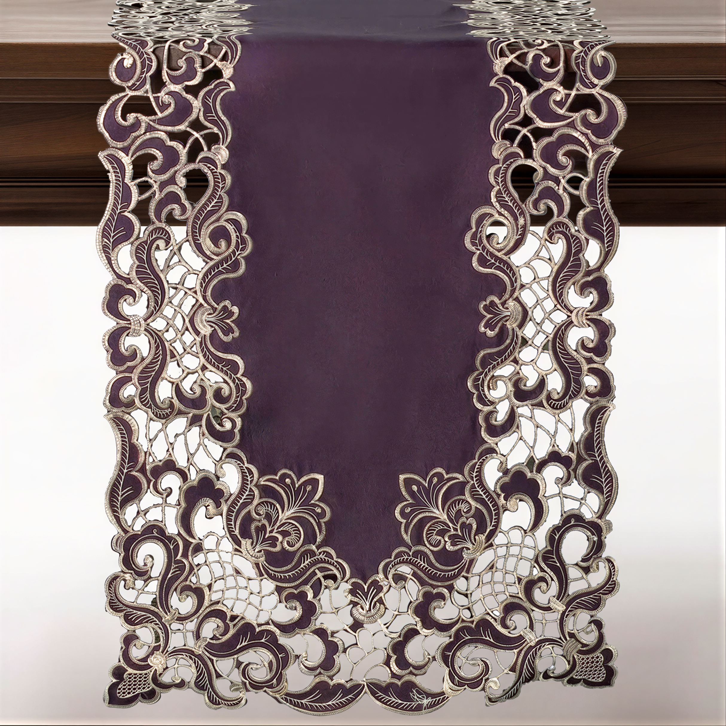 Plum Gold Table Runner – Embroidered Vintage Linen Runner | Rustic Table Decor 14x108 Inch