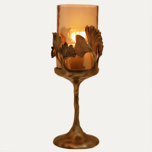 Gold Candle Holder - Glass Hurricane with Gingko Leaf Design for Indoor Decor