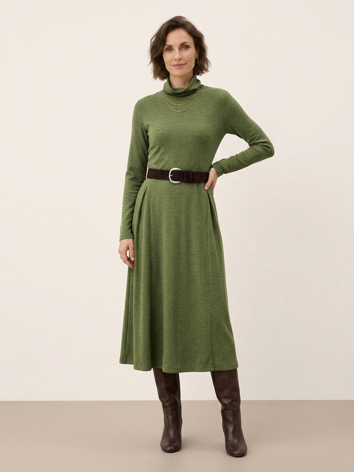Wool Sculpted Pleats Turtleneck Midi Dress BRIAR