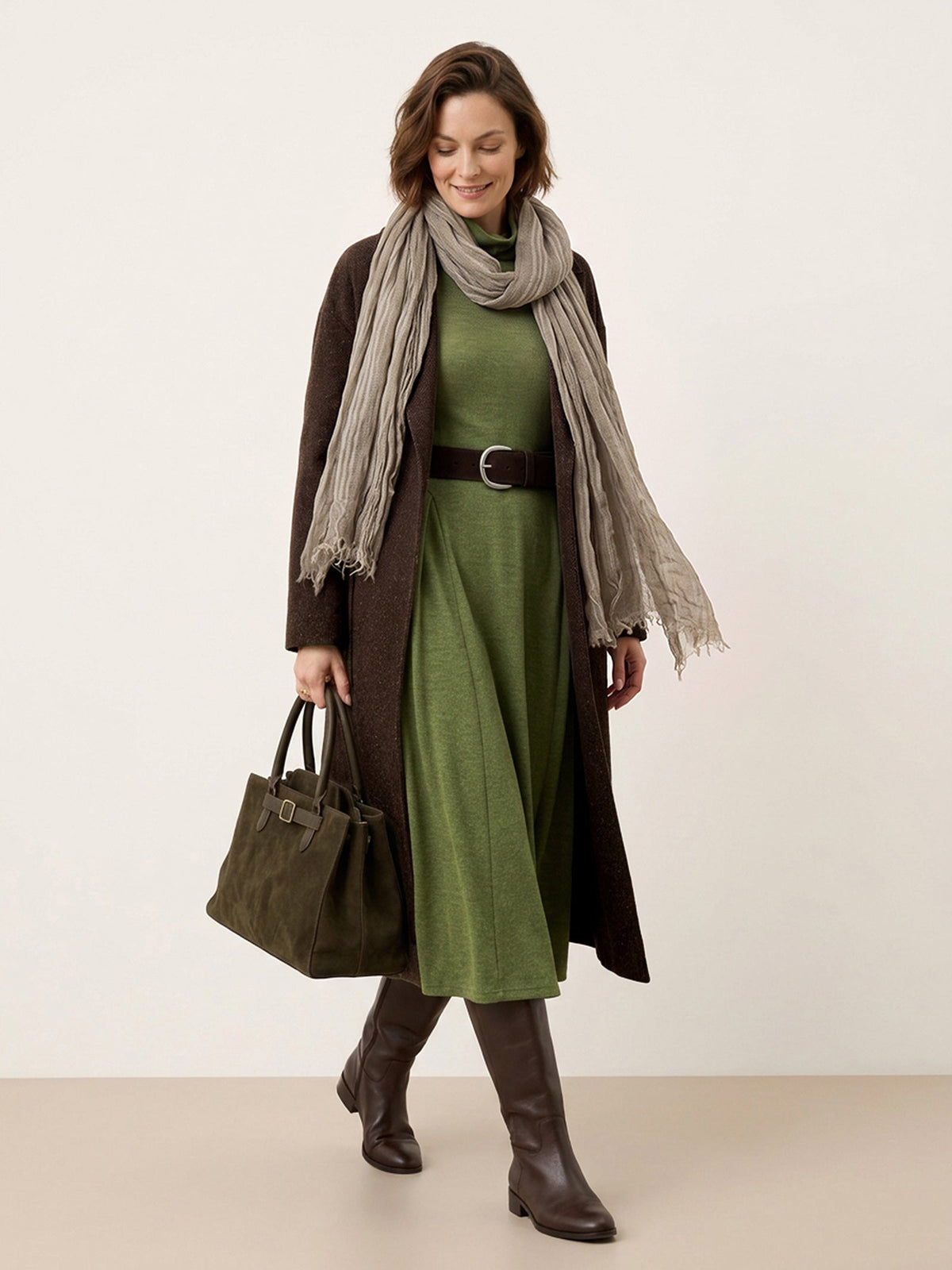 Wool Sculpted Pleats Turtleneck Midi Dress BRIAR
