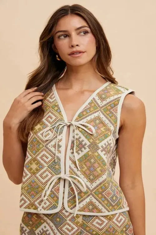 Annie Wear Ethnic Woven Jacquard Tie Front Vest