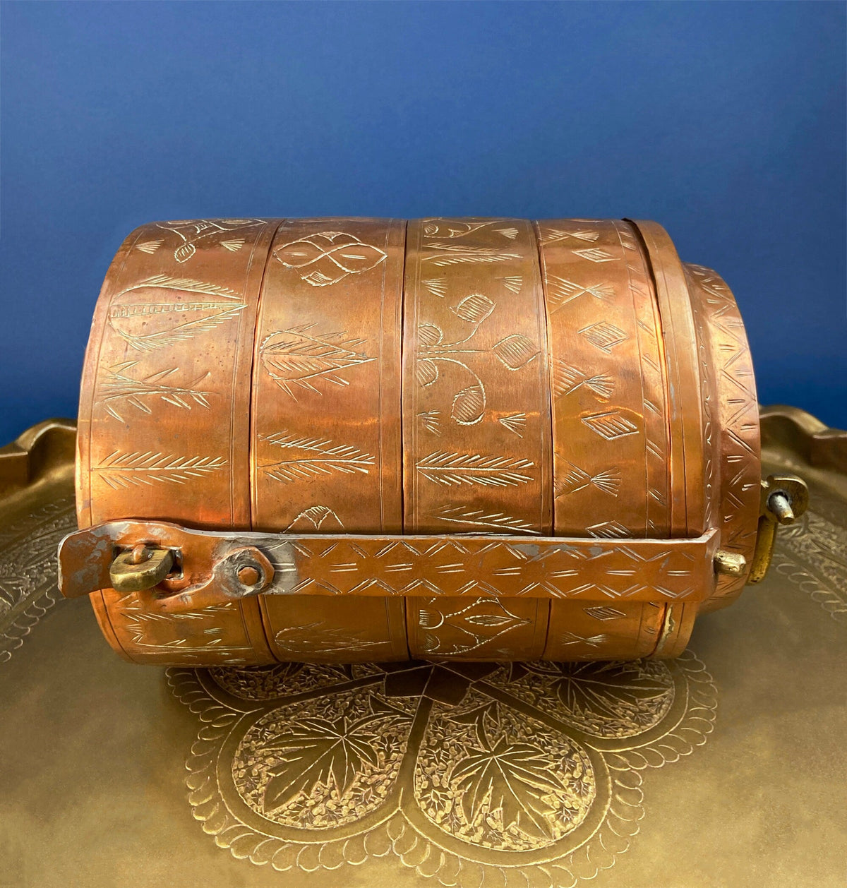 Antique 19th-century Copper and Brass Turkish 4 Stacking Bowls Lunch Box with Handle. Vintage Gifts.