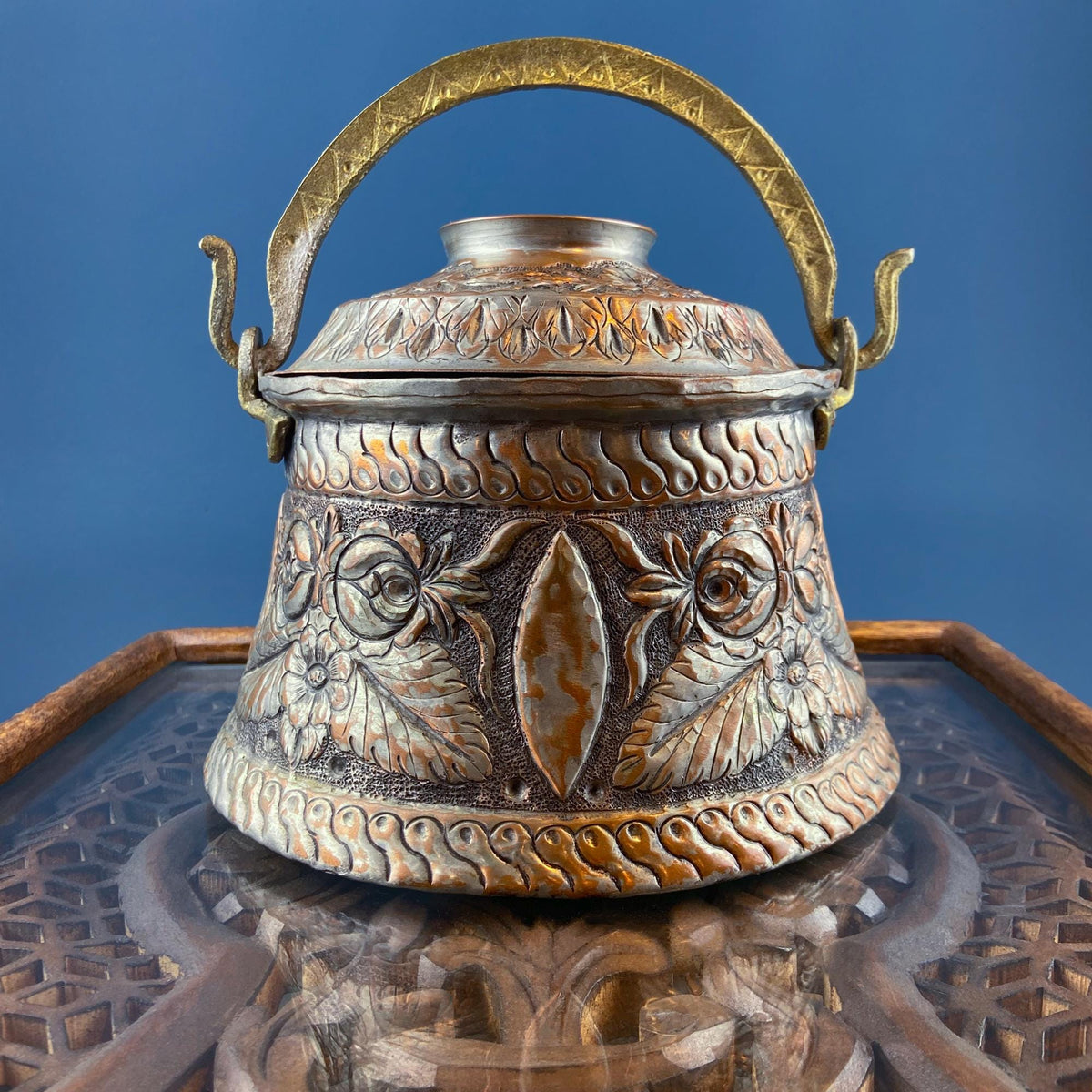 Antique Hand Pounded Copper & Tin Pail Storage Container or Vase with Lid and Brass Handle. Embossed Floral Folk Motif. Ethnic Home Decor.