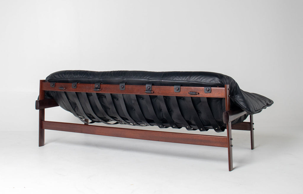 Brazilian Modern MP-41 Sofa in New Black leather and Brazilian Hardwood by Percival Lafer