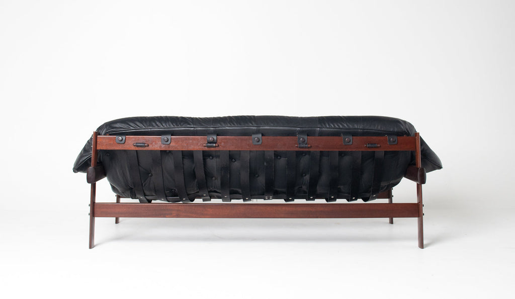 Brazilian Modern MP-41 Sofa in New Black leather and Brazilian Hardwood by Percival Lafer