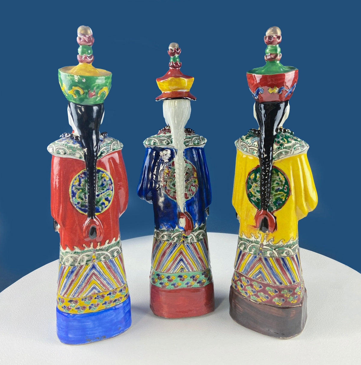 3 Ceramic Sculptures of Asian Royal Advisors or Immortals. Collection of Large Figurines of Asian Men in Traditional Chinese Clothing. Home Decor.
