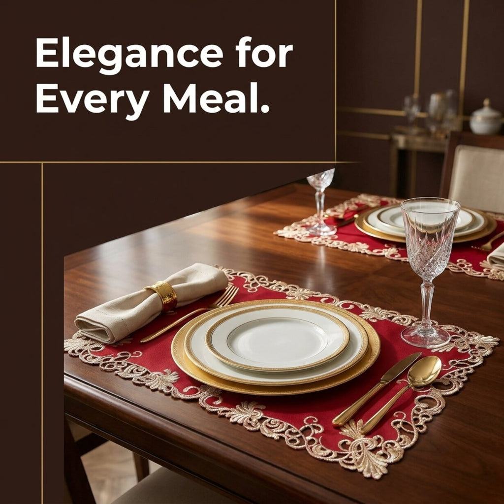 Burgundy Gold Placemats – Embroidered Linen Set | Rustic Vintage Table Decor 12x18 Inch