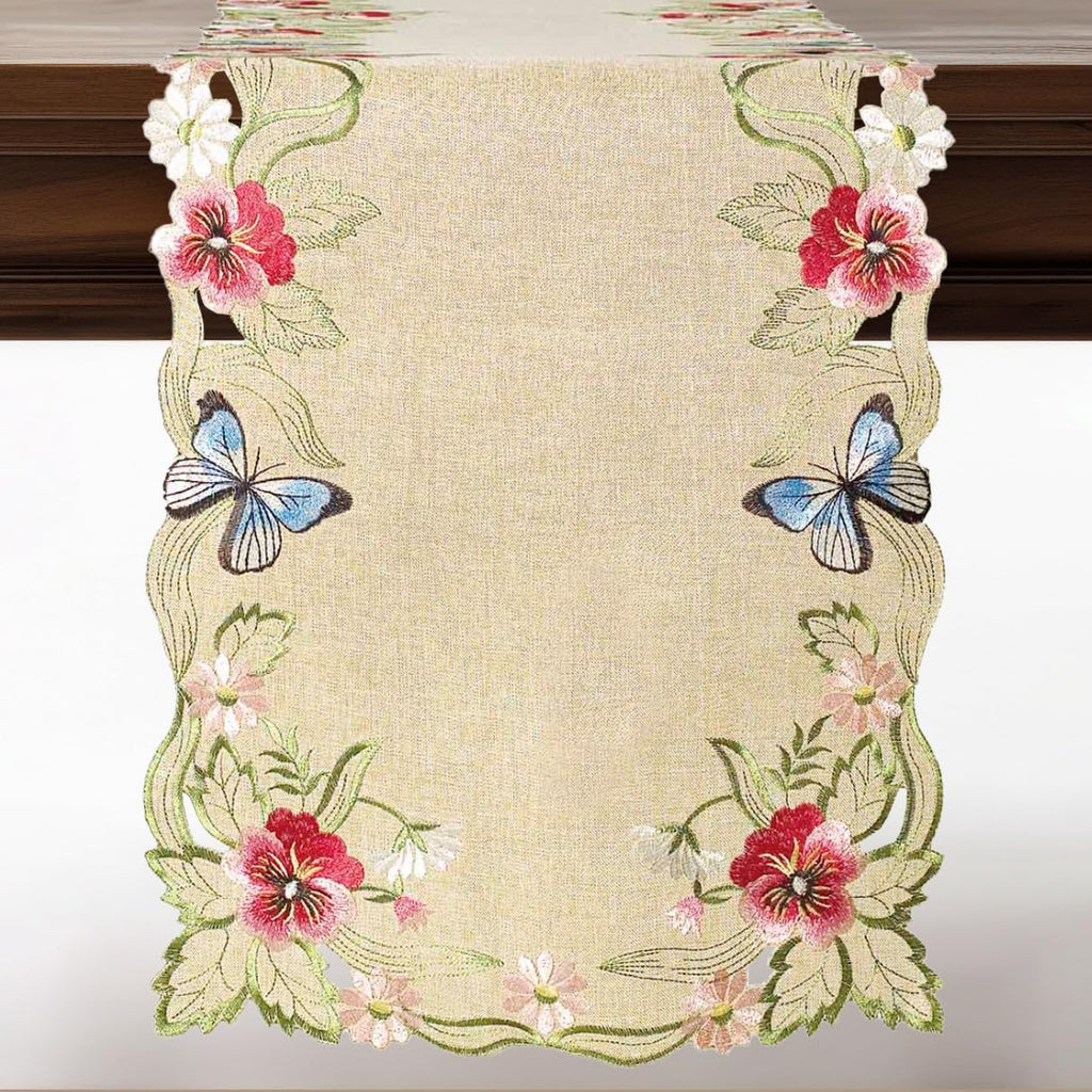 Beige Table Runner – Rustic Embroidered Dining Table Protector 14x108 Inch