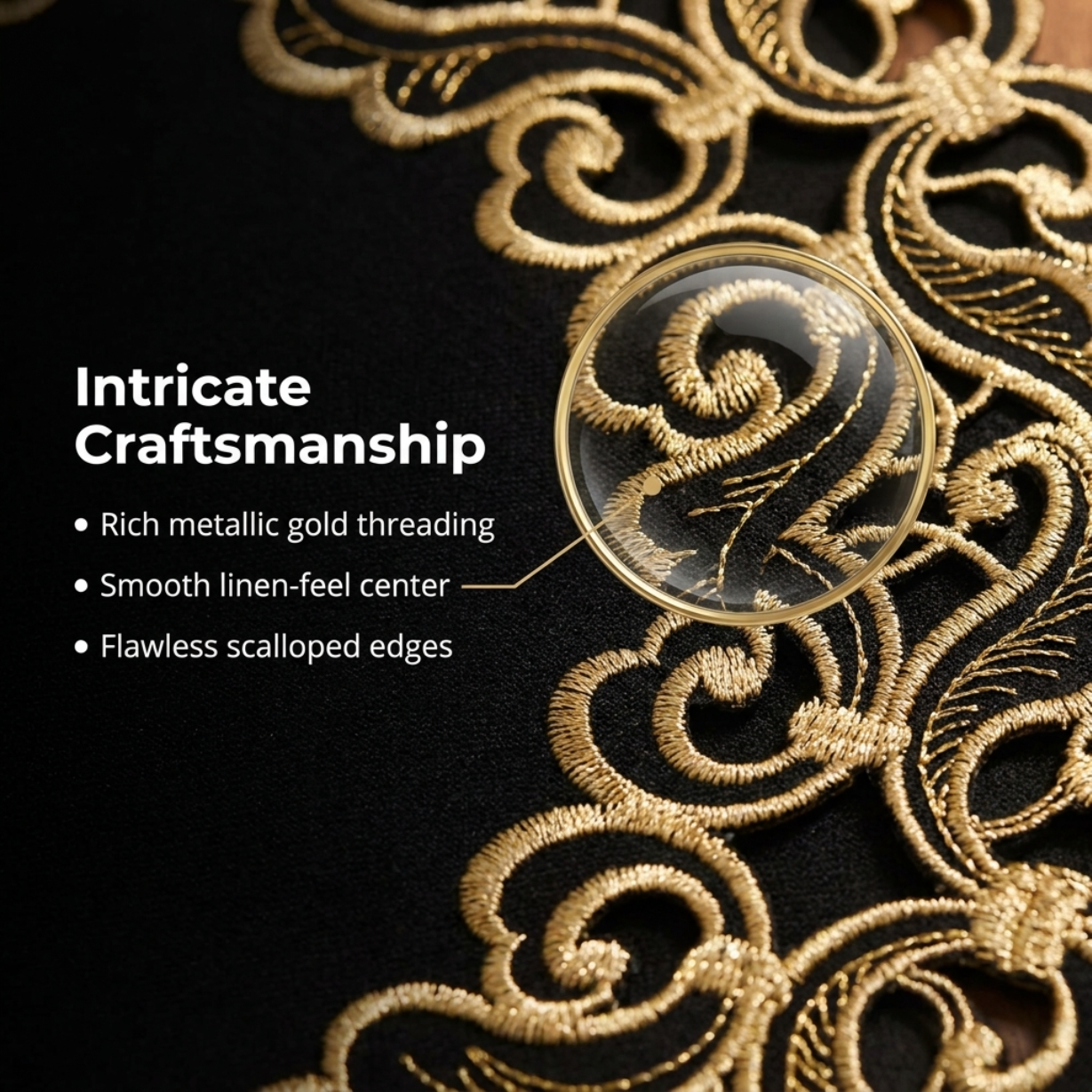 Black Gold Table Doilies – Granada Collection Rustic Embroidered Lace Mats 15 Inch