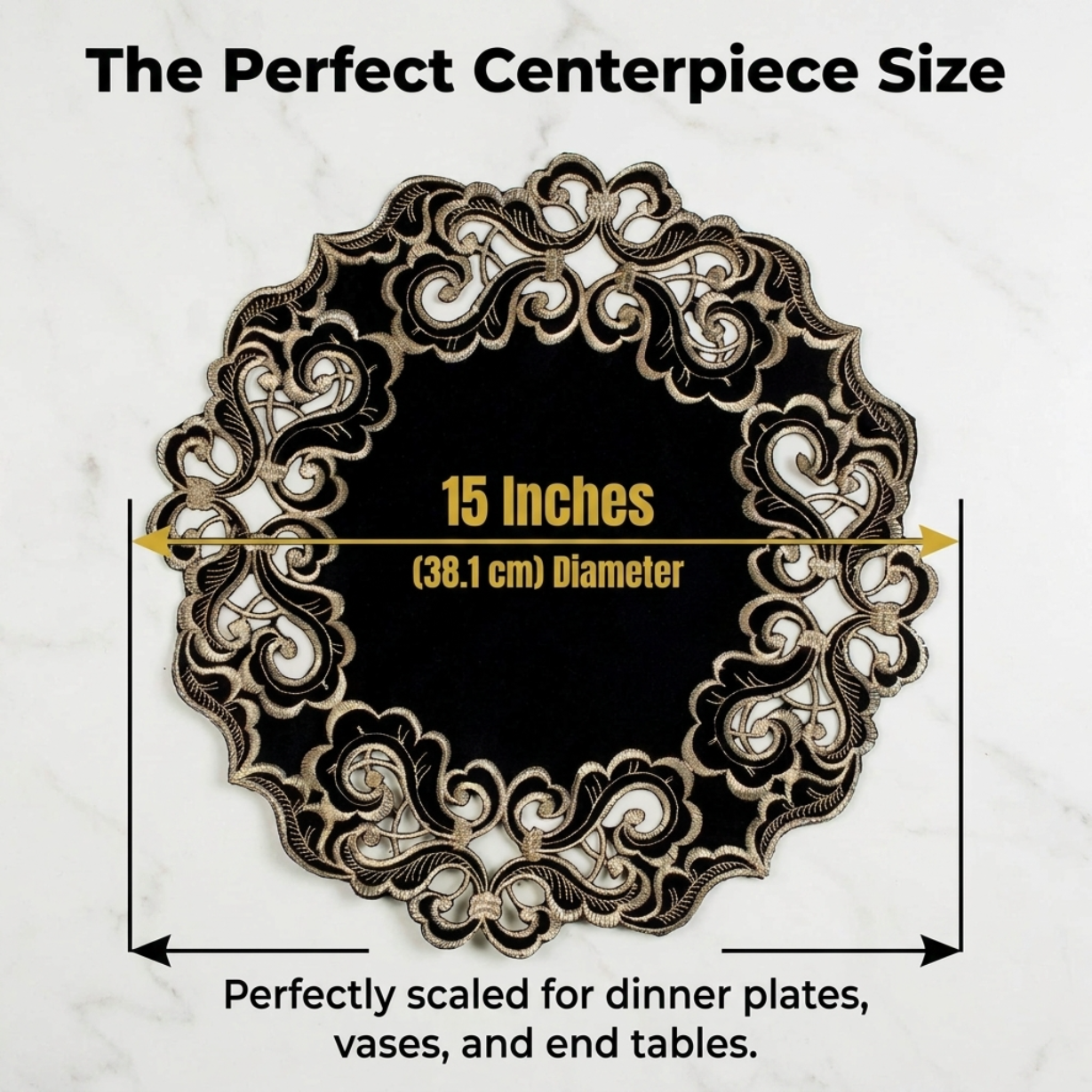 Black Gold Table Doilies – Granada Collection Rustic Embroidered Lace Mats 15 Inch