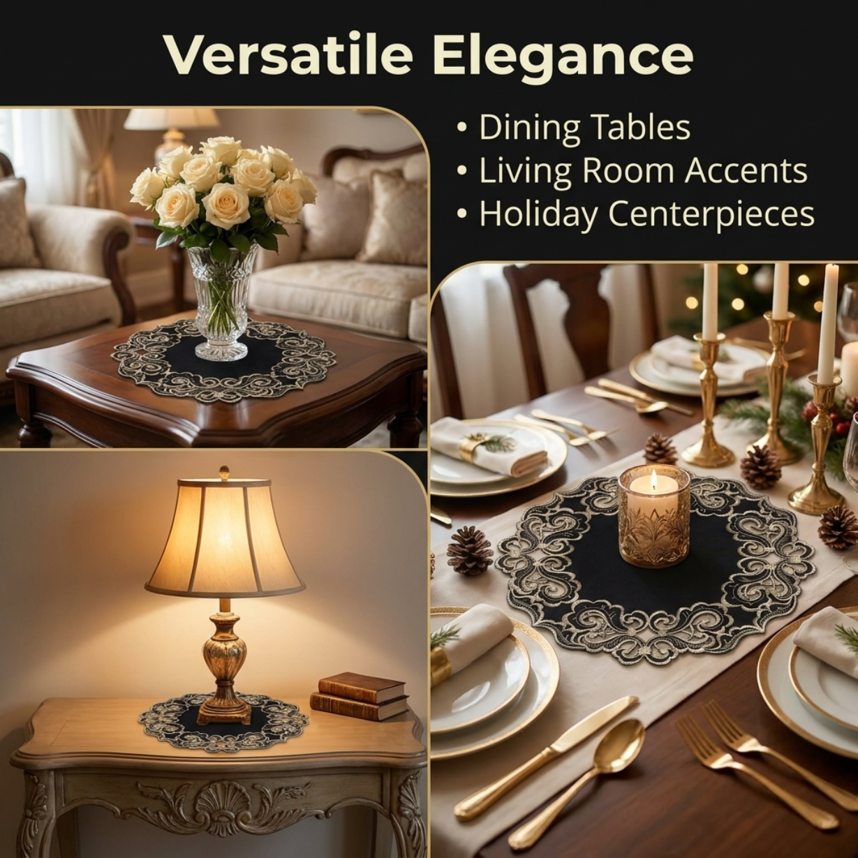 Black Gold Table Doilies – Granada Collection Rustic Embroidered Lace Mats 15 Inch